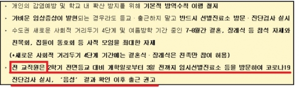 경기도 교육청이 각급 학교에 보낸 공문. 전 교직원이  코로나 진단검사를 받도록 '권고'하고 있다.그러나 이러한 권고는 교사들에게는 강요로 받아들여진다.