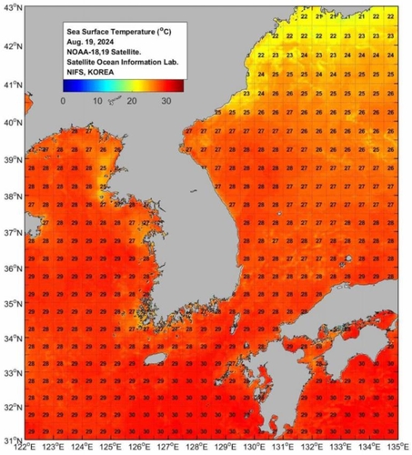 19일 기준 한반도 주변 해역 해수면 온도. [위성해양정보시스템 갈무리. 재판매 및 DB 금지]